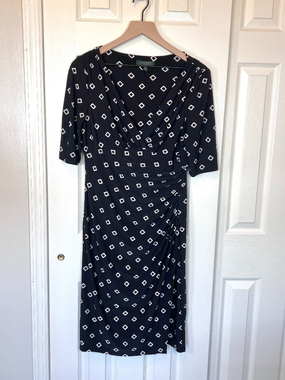 Ralph Lauren Black Geometric Deep V Wrap Dress Size 10 Old Money Resort Wear